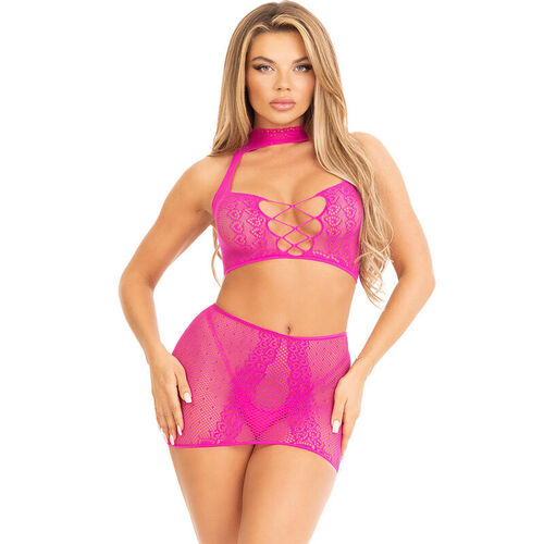 LEG AVENUE - TOP & FALDA DE ENCAJE ABIERTO FUCSIA